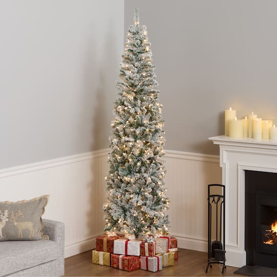 7.5ft. Pre-Lit Acacia Pencil Slim Flocked Artificial Christmas Tree, Clear Lights